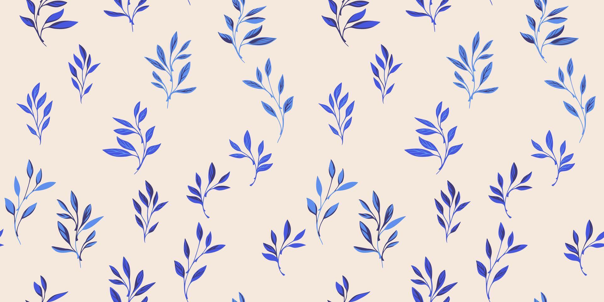 Abstract blue tiny leaves branches seamless pattern. hand drawn sketch. Minimalist isolate leaf stems light printing. Template for designs, collage, patterned vector