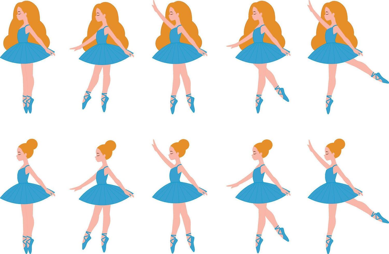 linda bailarina adorable ilustración, bailarina con ropa en azul tonos patrón, varios poses vector