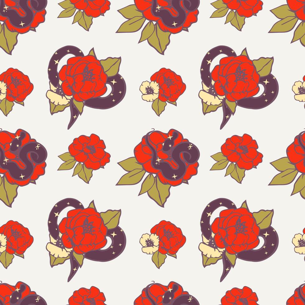 Snake in flowers in old school tattoo style. Seamless pattern. vector