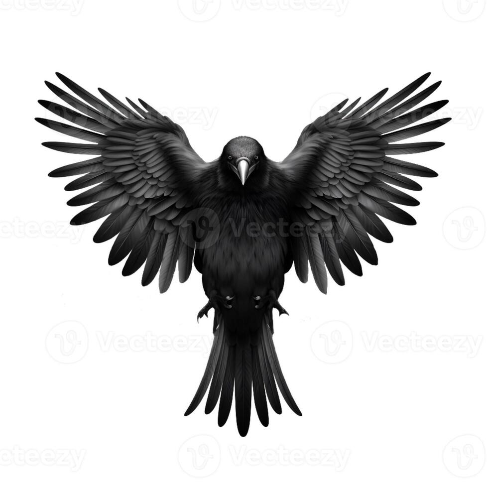 Close up Realistic Raven with Spread Wings - Detailed Crow Photography isolated on white background photo