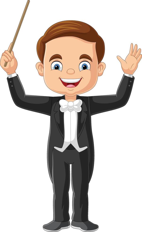 Cartoon boy conductor directing with baton vector