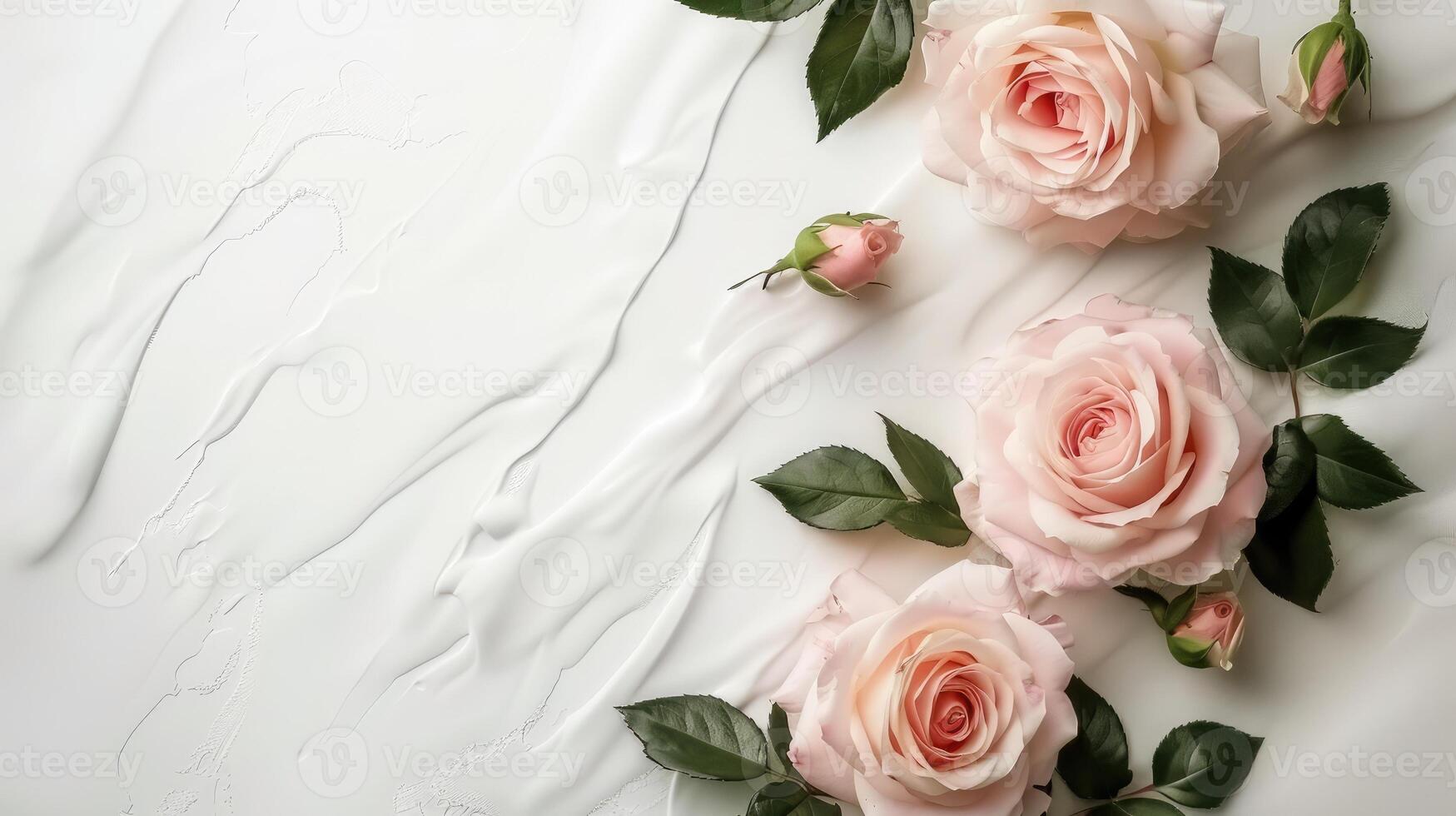 Pink Rose flowers on white texture background with copy space top view. Flat lay of organic plant and table with empty place for text. happy Mother and Women day. Wedding invitation photo