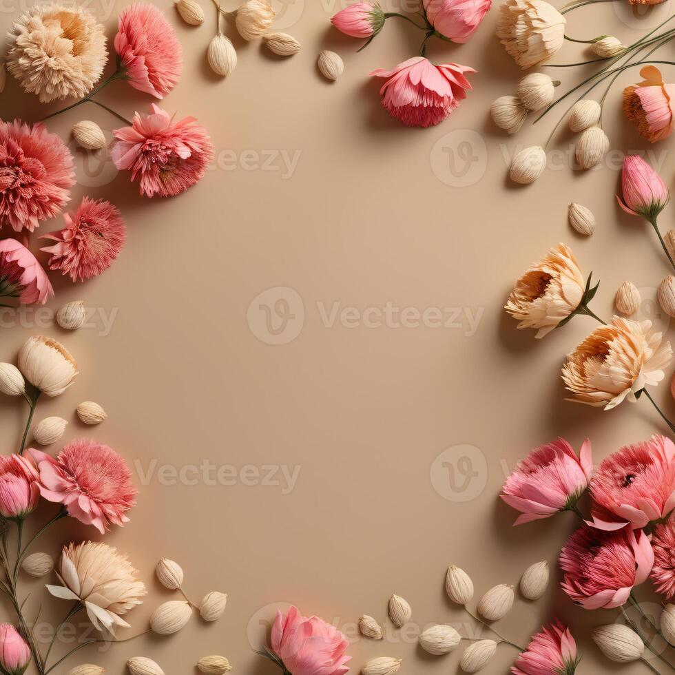 Pink and white dried flower border on brown background, floral arrangement for wallpaper, vintage, greeting card, mother, anniversary, spring, wedding, teacher, birthday, invitation, mockup photo