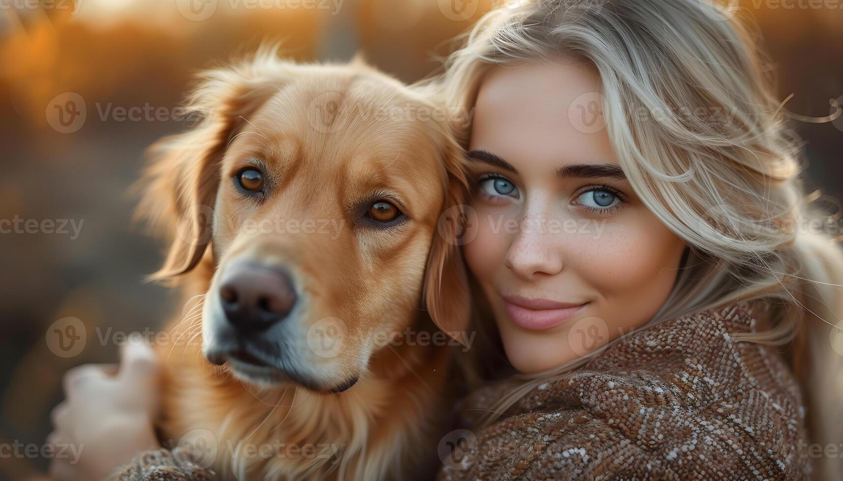 Beautiful blonde woman with cute dog. photo