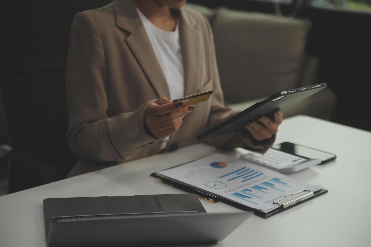 Business Documents, Auditor businesswoman checking searching document legal prepare paperwork or report for analysis TAX time,accountant Documents data contract partner deal in workplace office photo