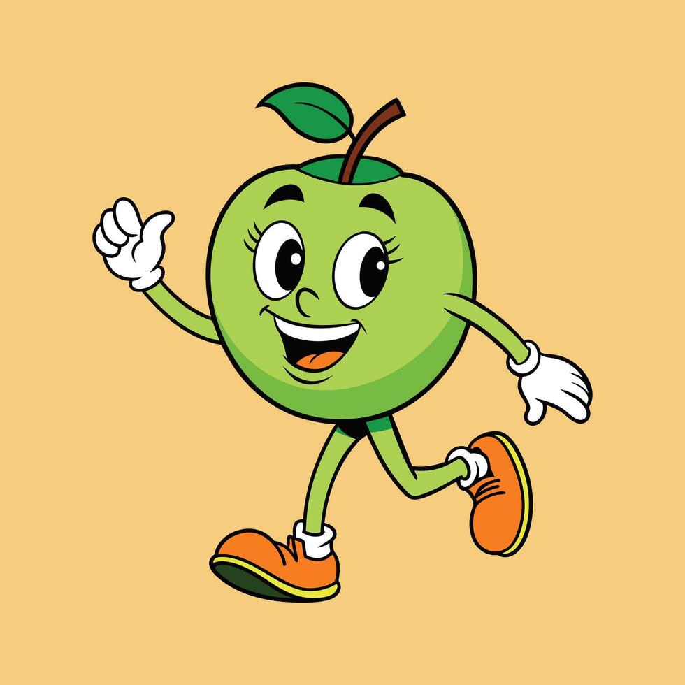 Green Apple retro funky cartoon character vector