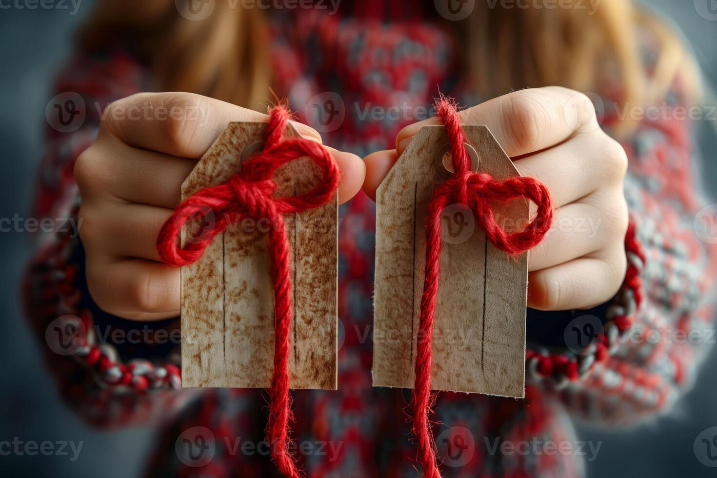 Hands Clasping Textured Handmade Tags with Red Yarn Bows on Musical Note Background, Sale Concept photo
