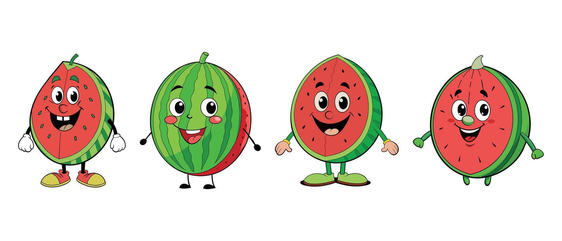 Set of Watermelon retro funky cartoon characters. vector