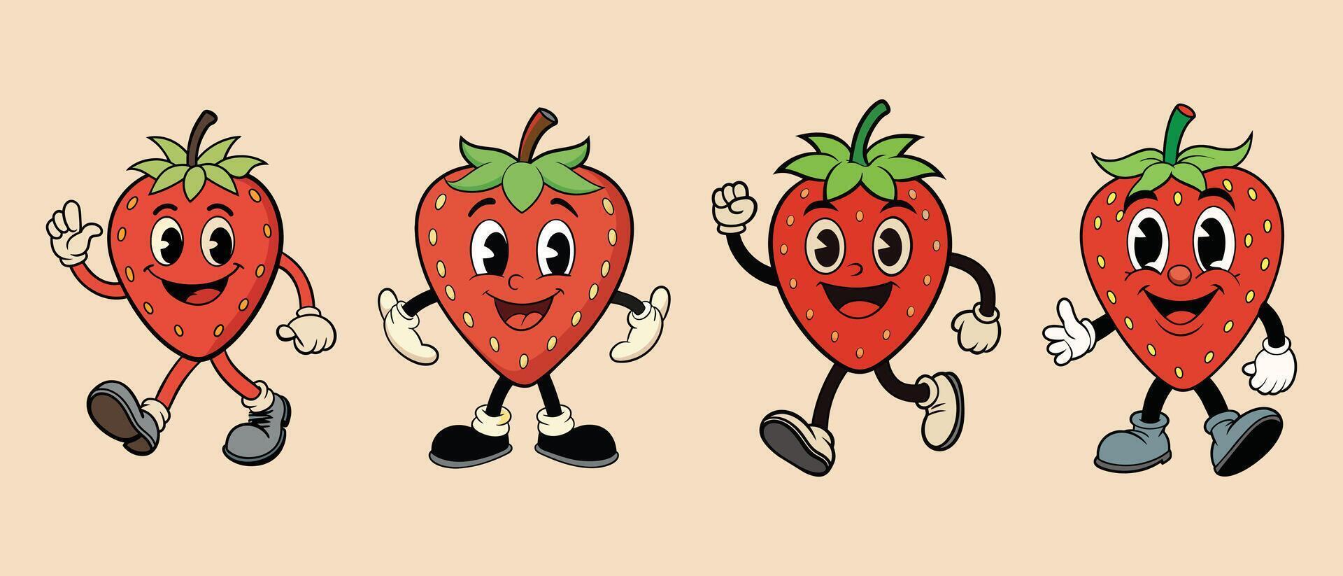Set of Strawberry retro funky cartoon character. vector