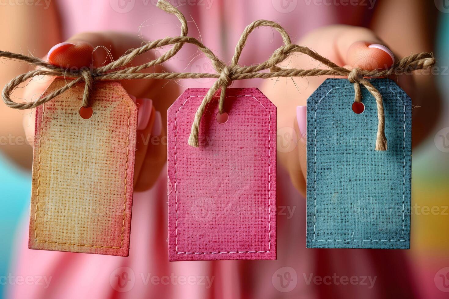 Hands Presenting Vintage Textured Tags with Rustic Twine and Heart Detail on Pink Background, Big Sale photo