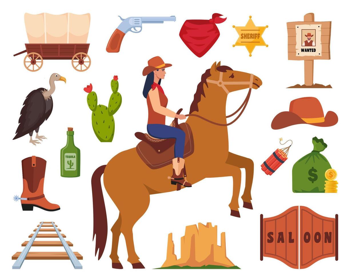 Wild West icons, set. Western and cowboy elements. Signboard, saloon door, wanted poster, sheriff badge, cactus, cow skull, cowboy hat, revolver, wagon. Texas symbols. vector