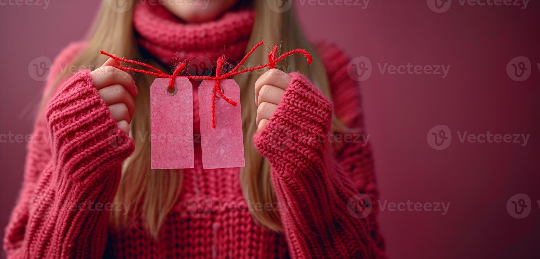 Close-Up of Hands Holding Two Tags with Sales Greetings photo