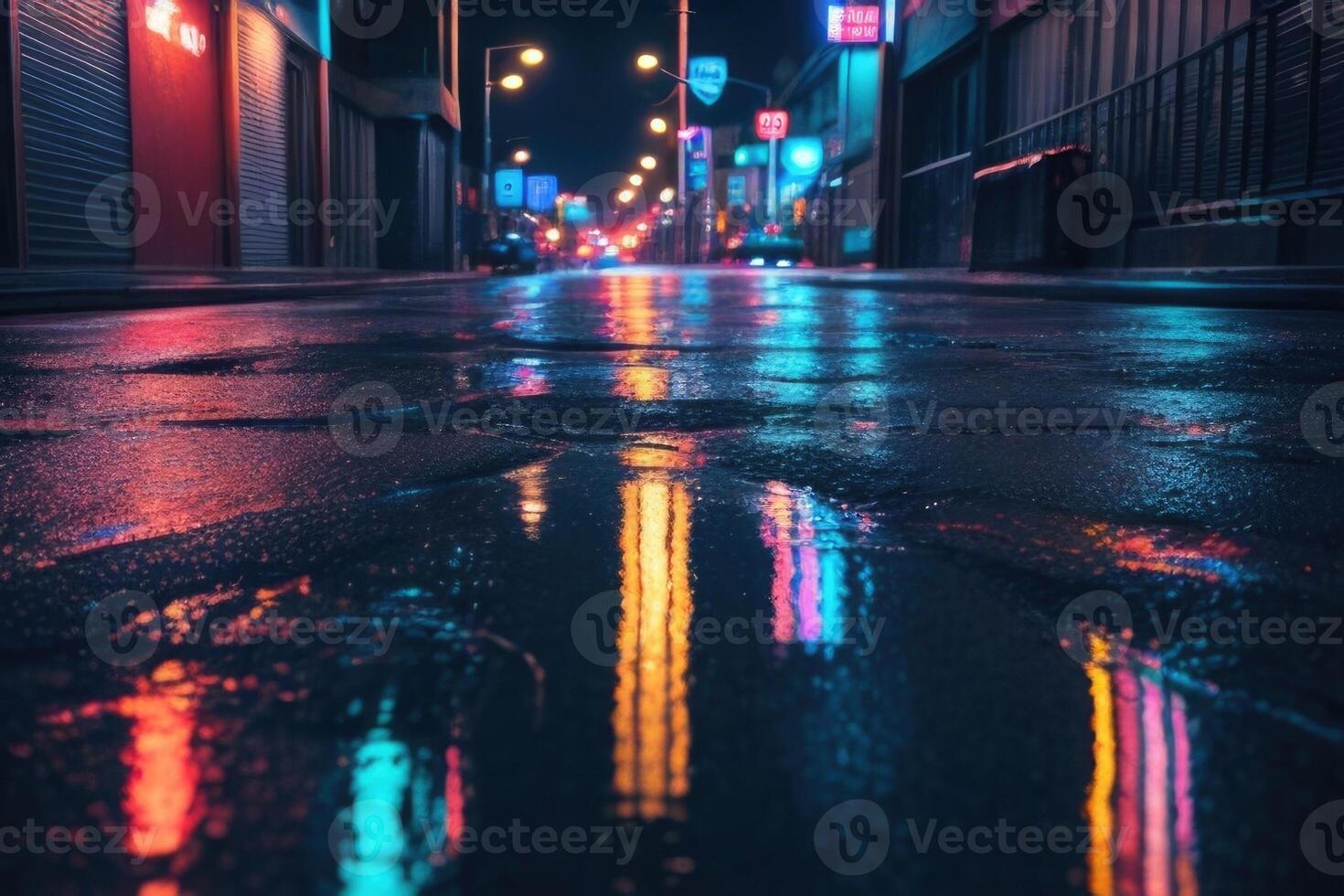 a wet street at night with neon lights photo