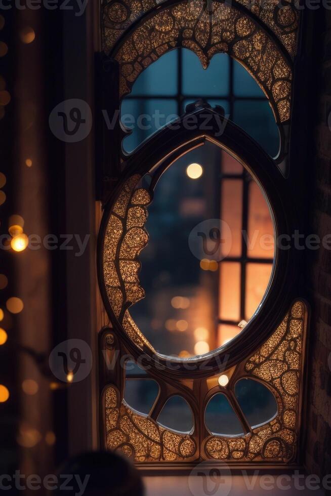 a window with a lighted window frame and a lighted window photo