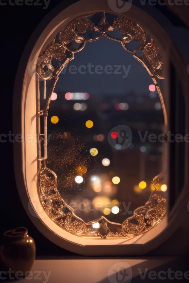 a window with a lighted window frame and a lighted window photo