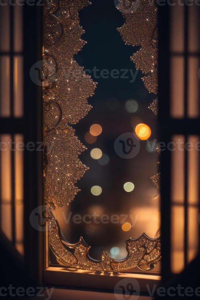 a window with a lighted window frame and a lighted window photo