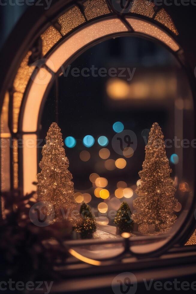 a window with a lighted window frame and a lighted window photo