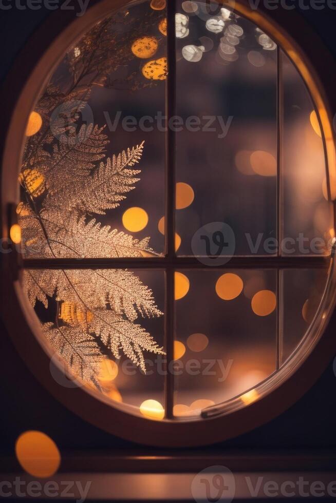 a window with a lighted window frame and a lighted window photo