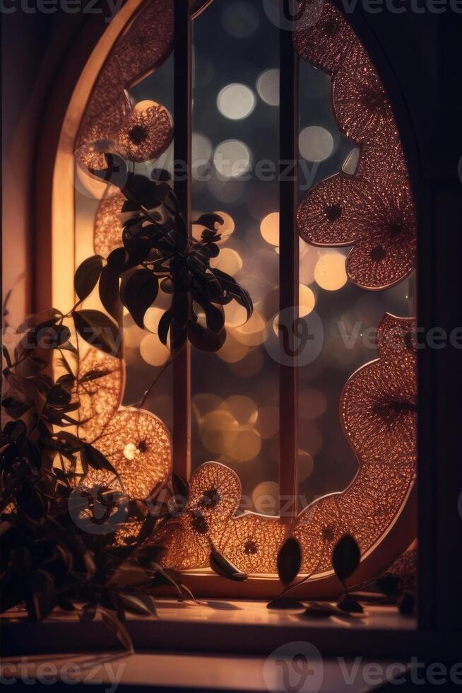 a window with a lighted window frame and a lighted window photo