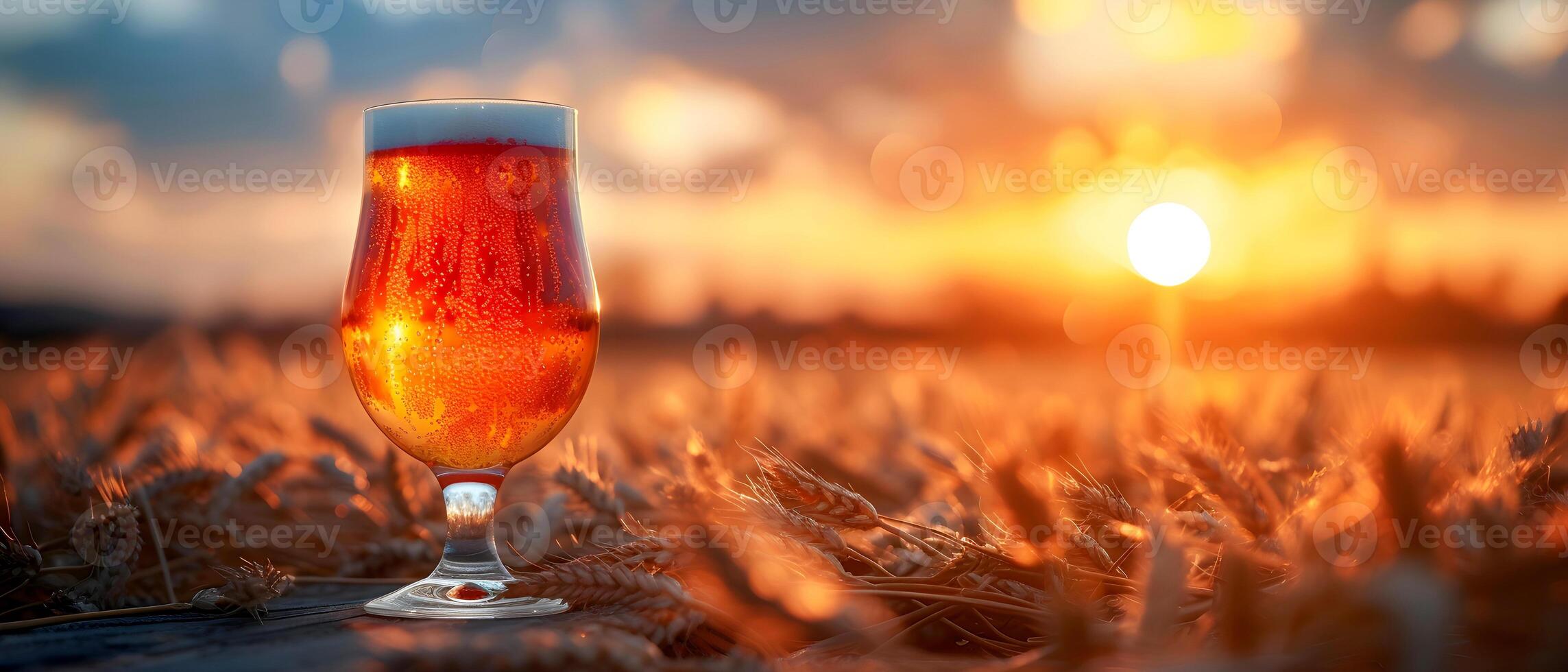 Glass of beer on wheat field at sunset. Beer in a glass. photo