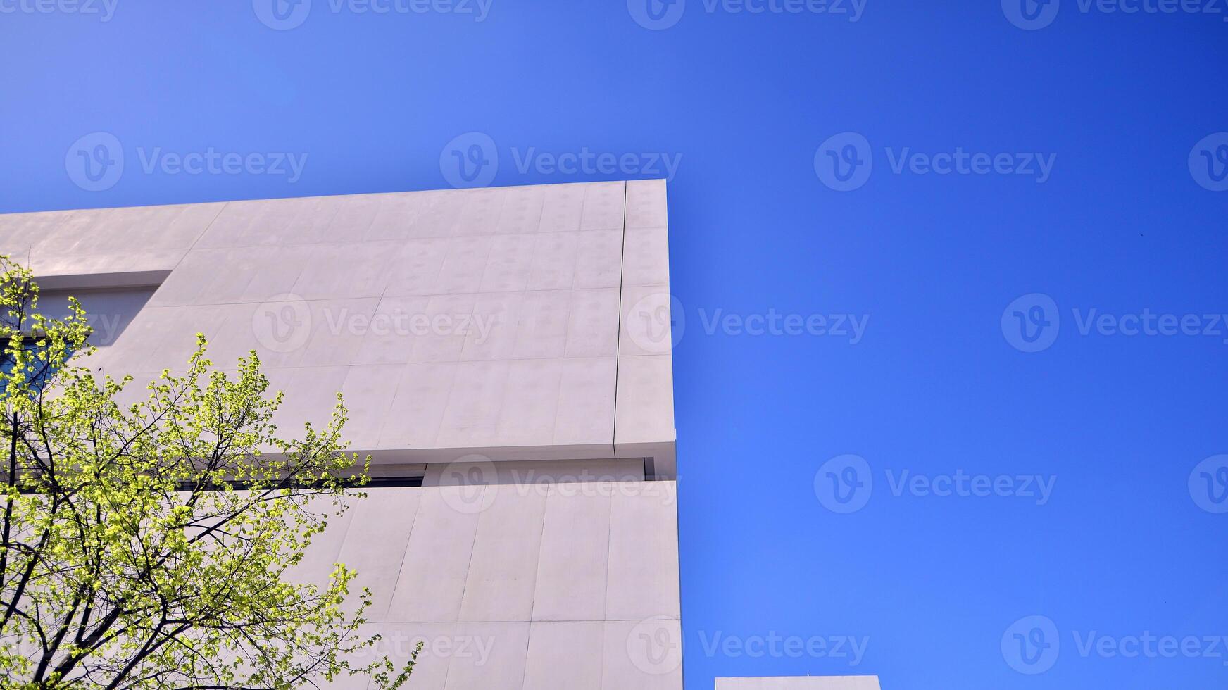 Modern white concrete building walls against blue sky. Eco architecture. Green trees and concrete office building. The harmony of nature and modernity. photo