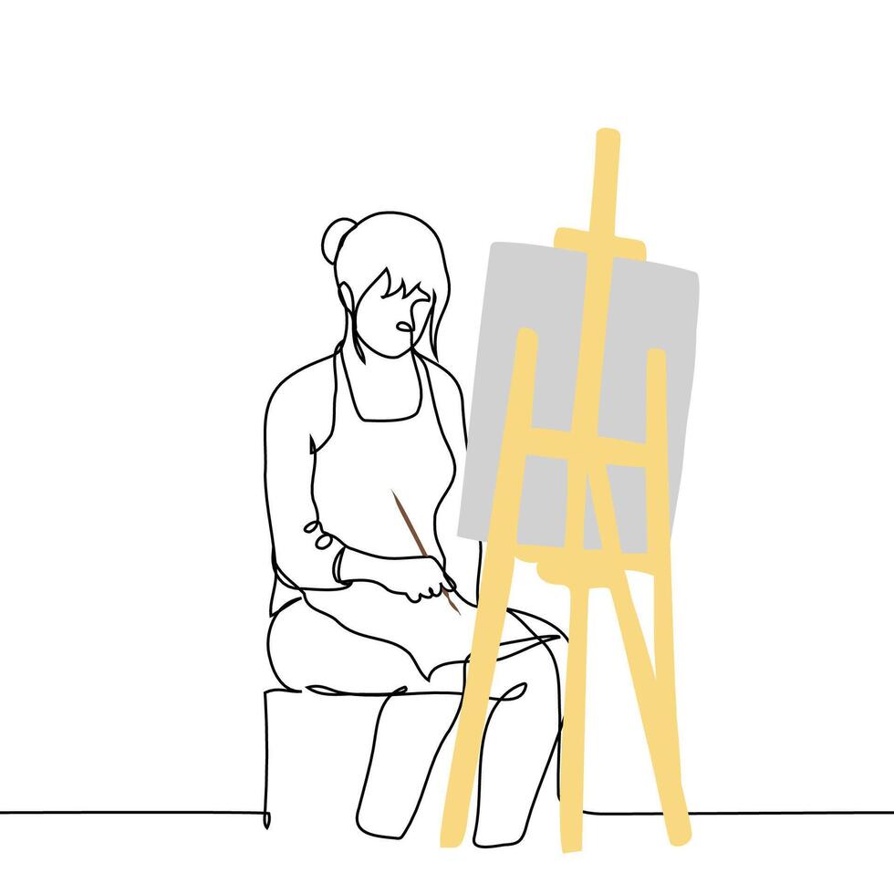 female artist sits at an easel with a brush in her hand, peering at the canvas in front of her - one line art . concept of thoughtfulness in the process of painting a picture vector