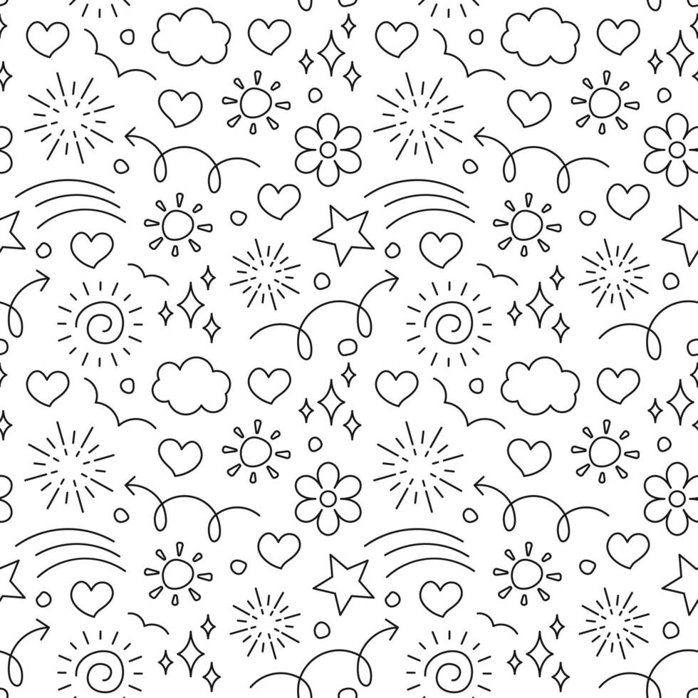 Cute handrawn lineart pattern with cloud, sun and flower vector