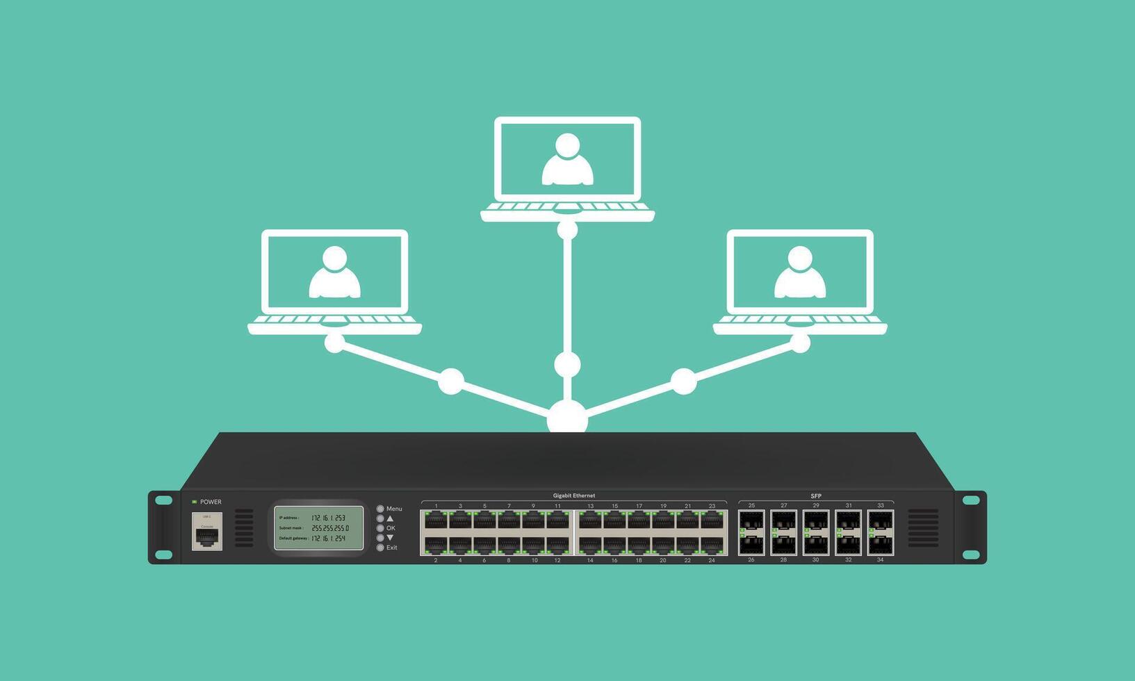 Professional network industrial gigabit switch isolated on white background with SFP ports, poe port, RJ45 Modular plugs for solid Cat5, Cat5e, CAT6 Ethernet Cable connecters. illustration. vector