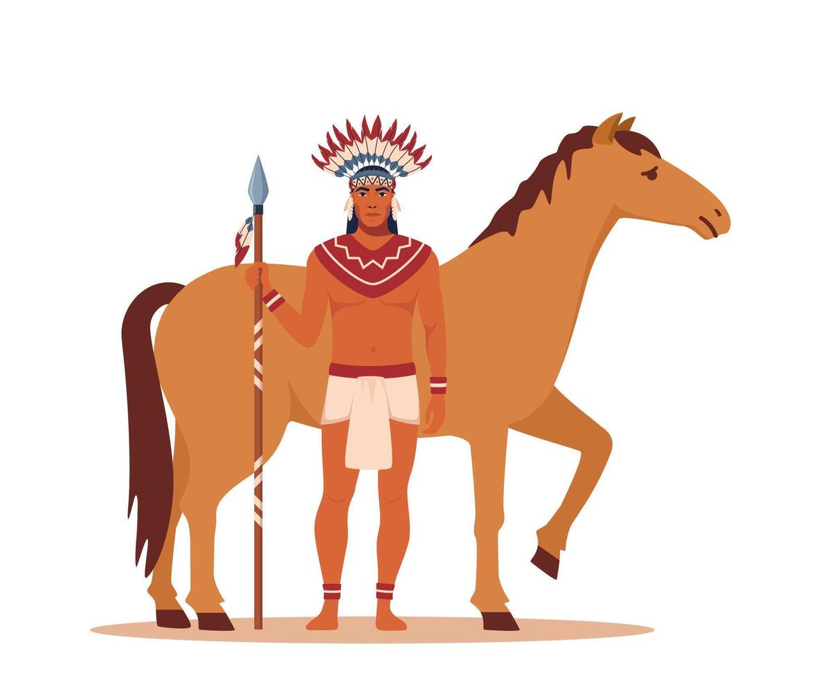 nativo americano indio guerrero con un lanza en pie cerca un caballo. jinete en tradicional traje. vector