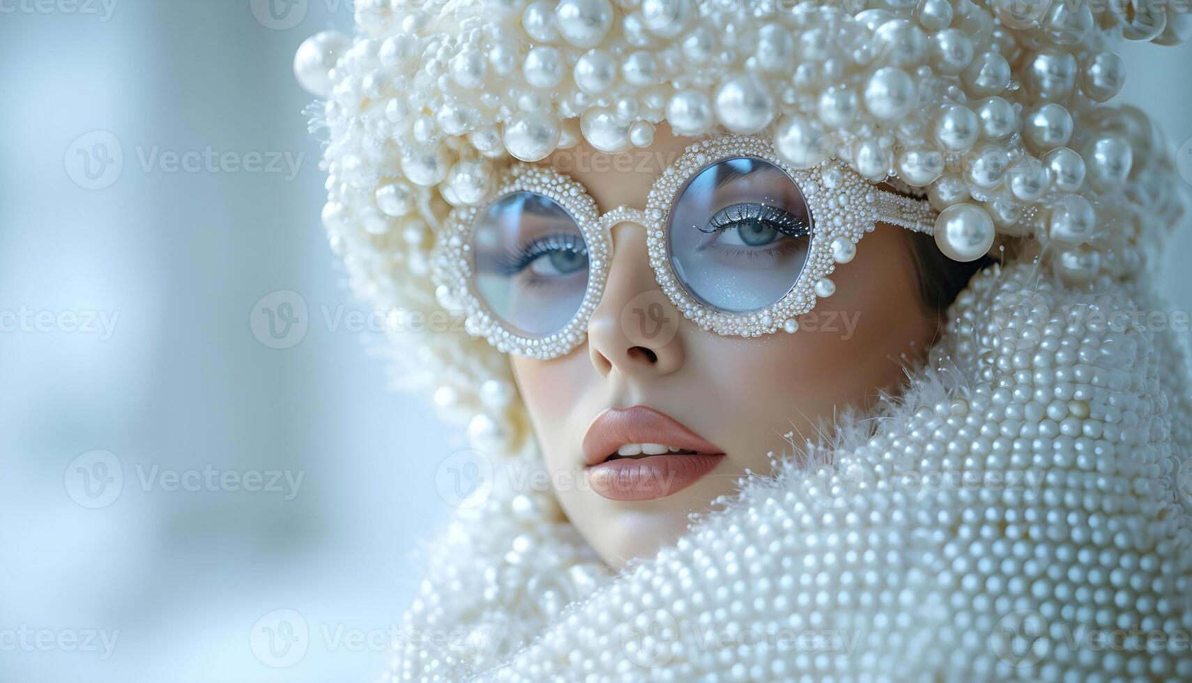 Portrait of a woman wearing sunglasses decorated with pearls and a pearl white hat. photo