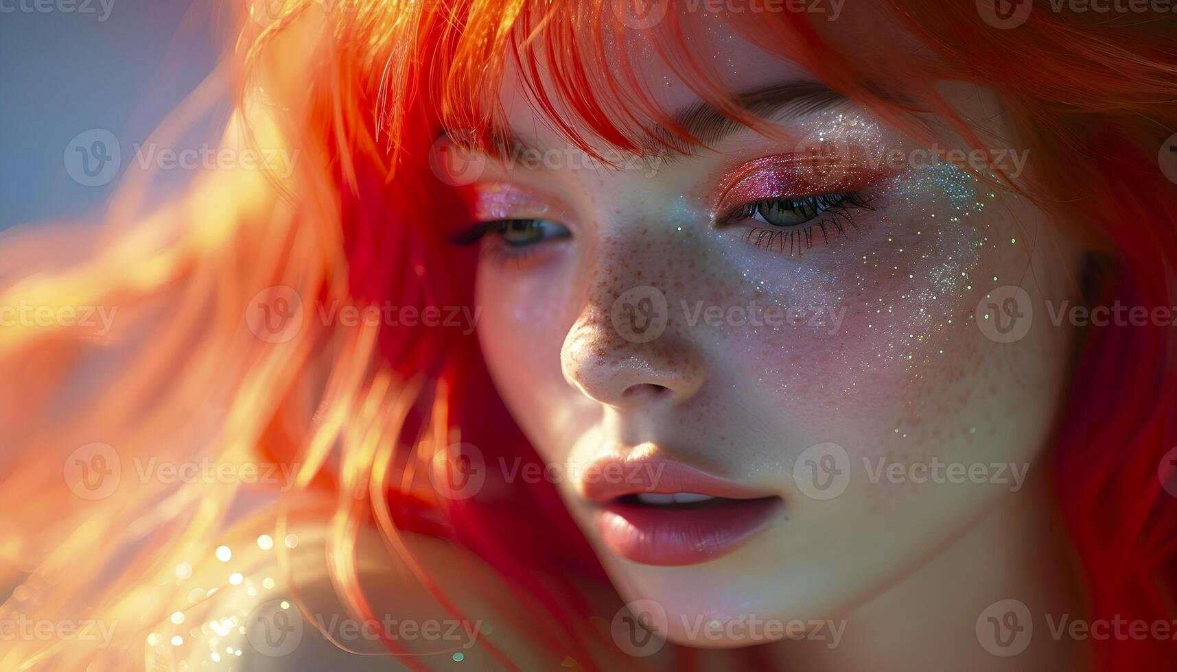 Portrait of a young girl with bright ginger hair. Bright shiny makeup. photo