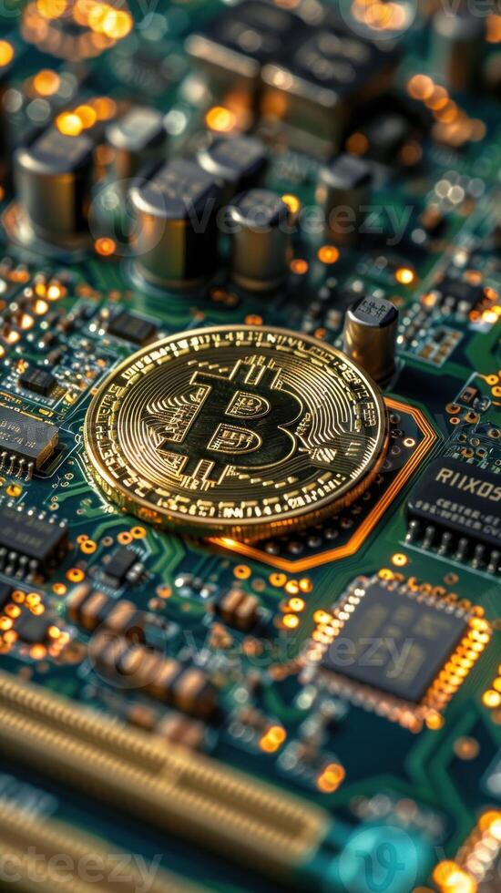 A close-up image of a gold Bitcoin coin on a green circuit board. photo
