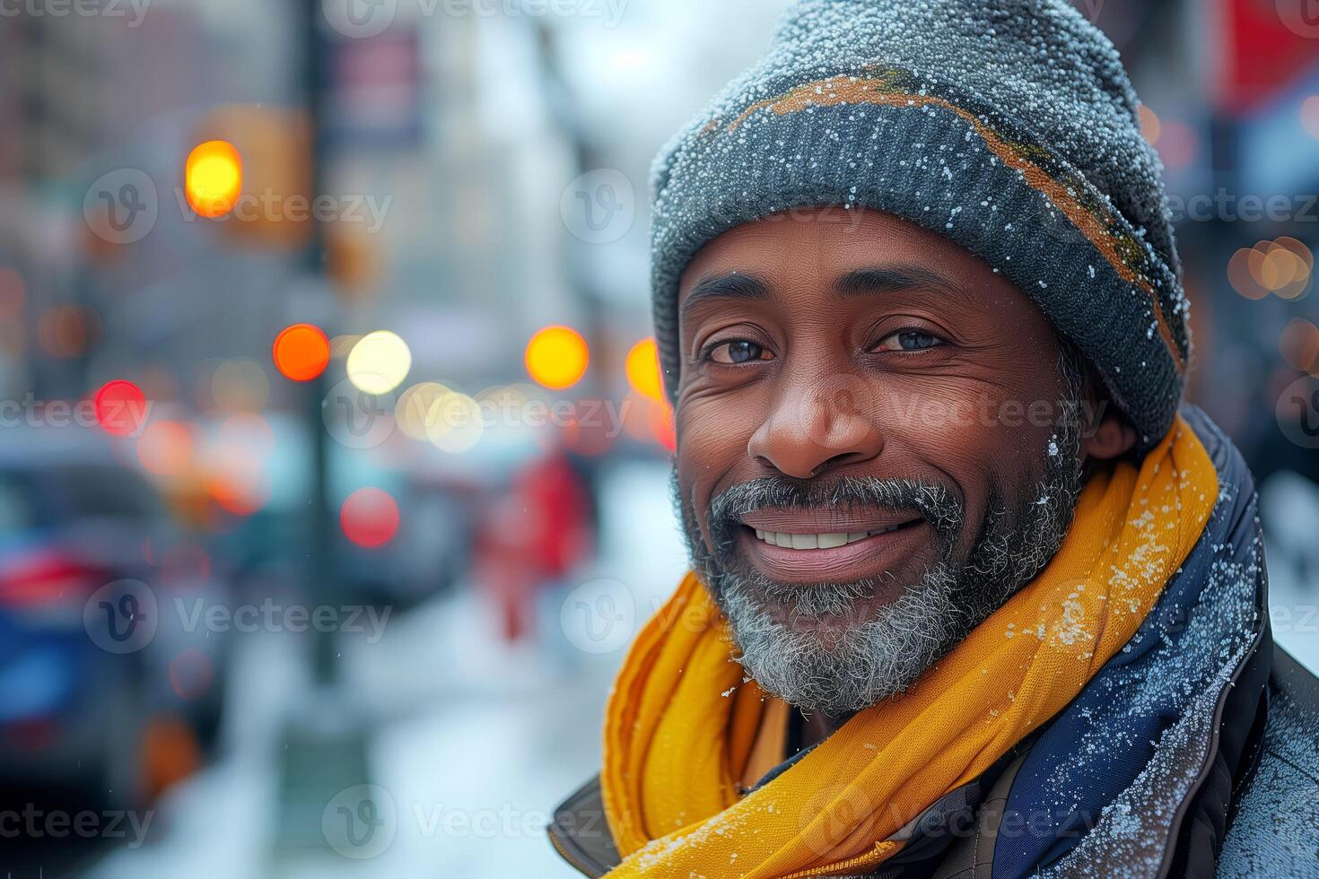 Beneath the city's glow, a homeless man's smile shines, a beacon of enduring spirit photo