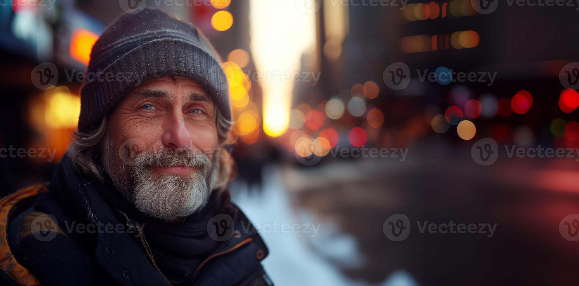 Weather-beaten but not broken, his eyes reflect the resilience of the city's homeless soul, copy space photo