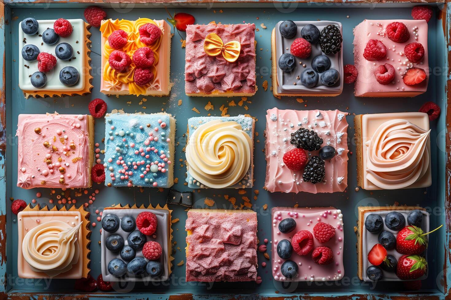 Tantalizing Array of Frosted Cakes with Berries and Icing on a Textured Blue Surface photo