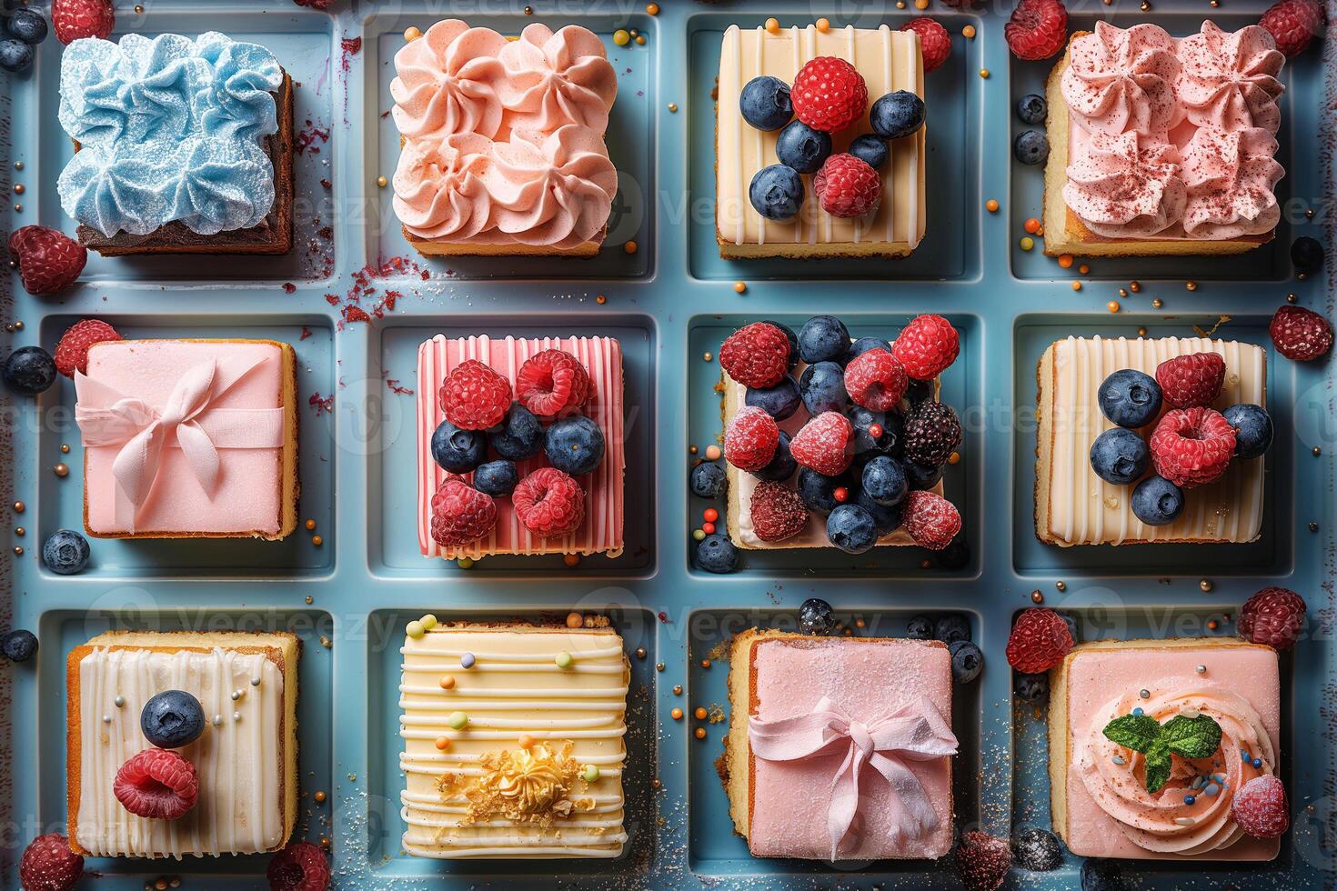 A colorful array of mini cakes garnished with fresh berries and decorative sprinkles presented on blue trays photo