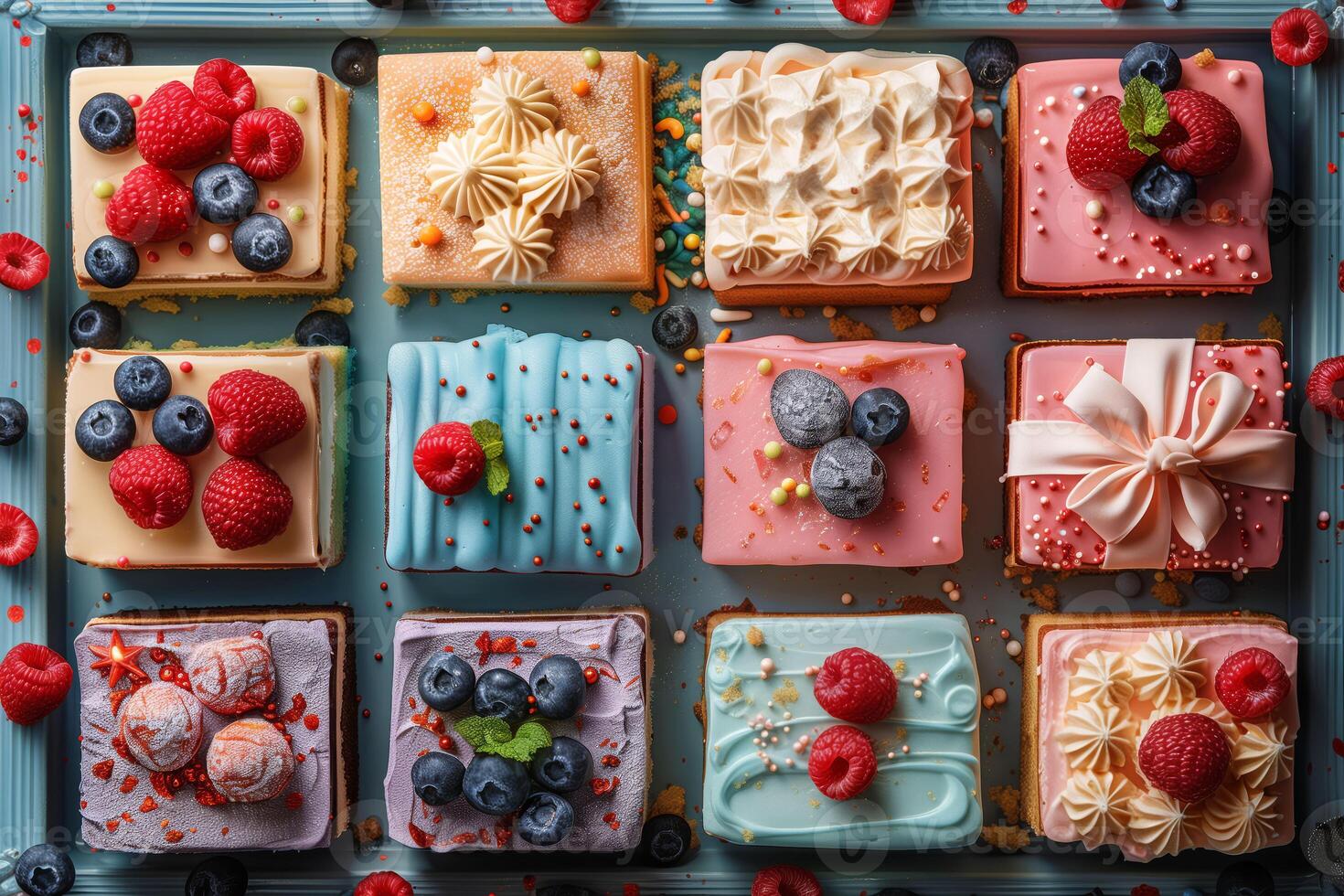 Exquisite Assortment of Berry-Topped and Meringue-Adorned Mini Cakes on Blue Tray photo