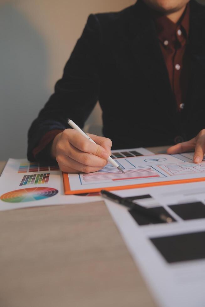 UX UI design process for modish mobile application and website . Creative prototype of wireframe for professional app developer . photo