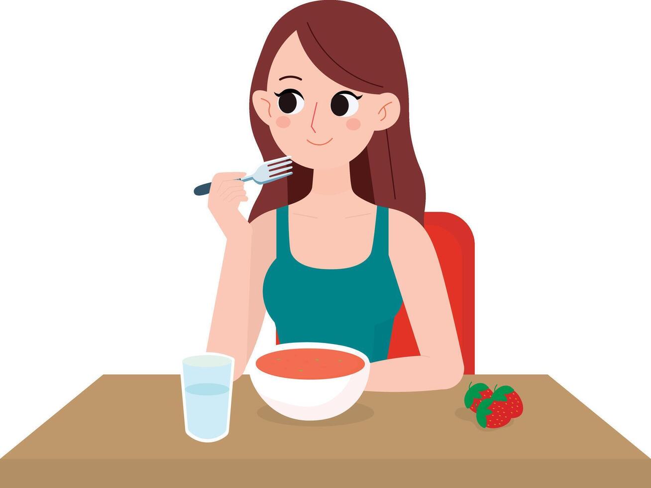 girl eating soup, woman on diet, illustration vector