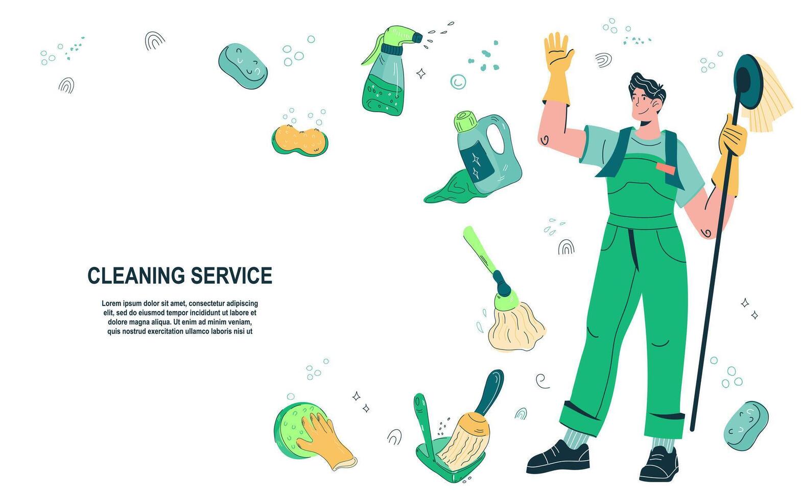 Cleaning service website banner design in doodle style. Cleaning company advertising web page or flyer template with cleaning and household tools. vector