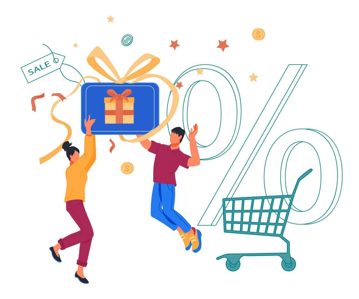 People jumping for joy with gift certificate in hands. Discount or gift card getting, sale voucher for clients loyalty marketing program of store or company. vector