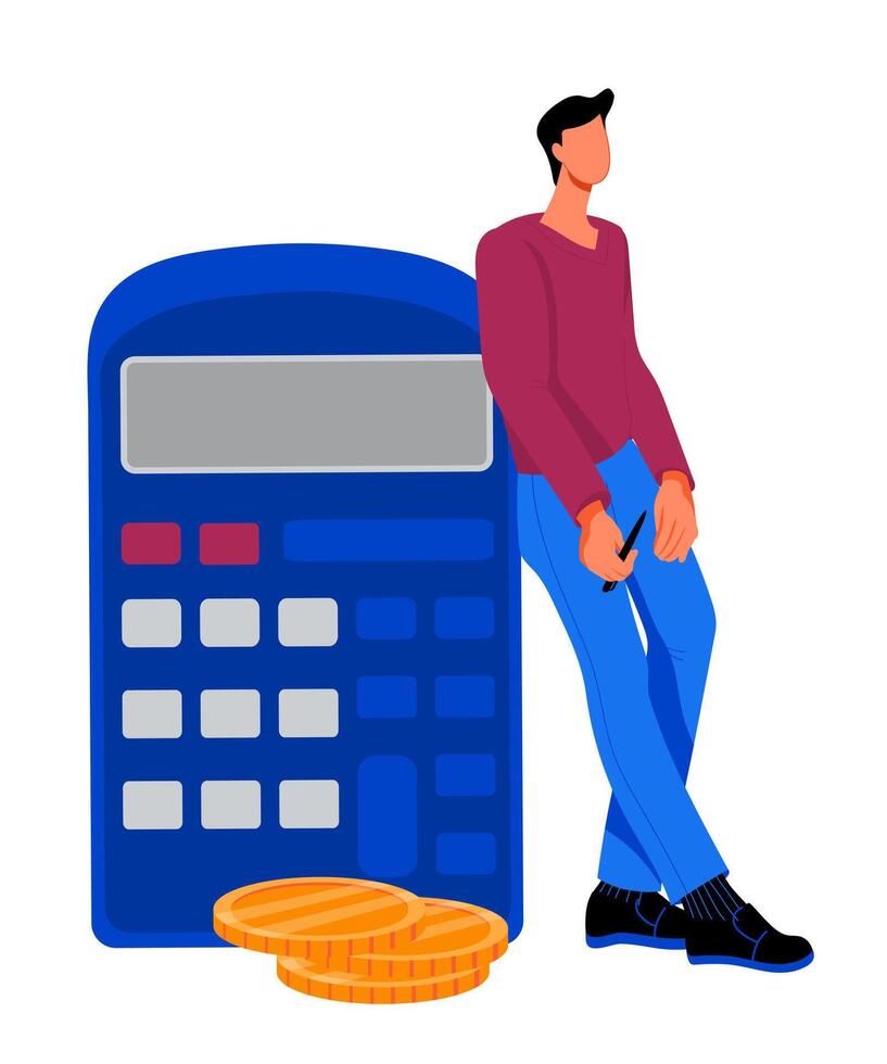 hombre en pie siguiente a calculadora con apilar de dinero un aislado ilustración para contabilidad y Finanzas administración tema. Finanzas cálculo y contabilidad, dinero ahorros. vector