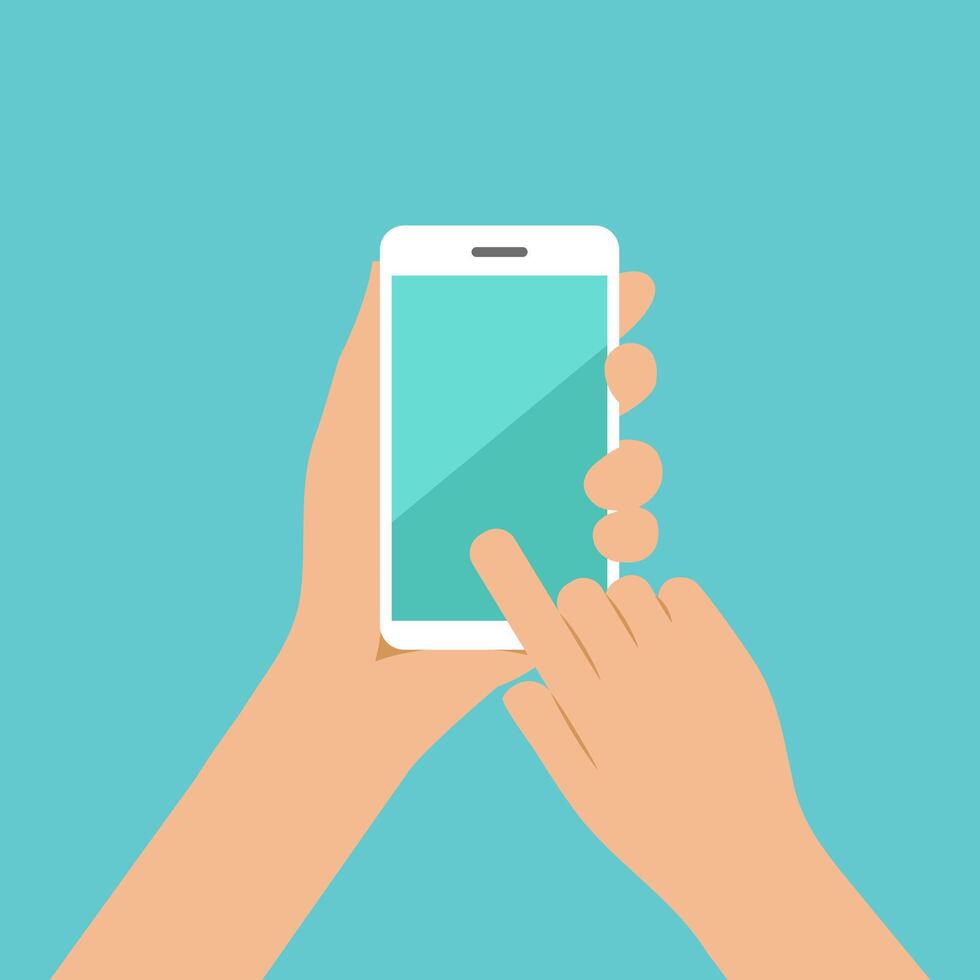 Hand hold the smartphone. Mobile phone finger touch screen, icon flat design vector