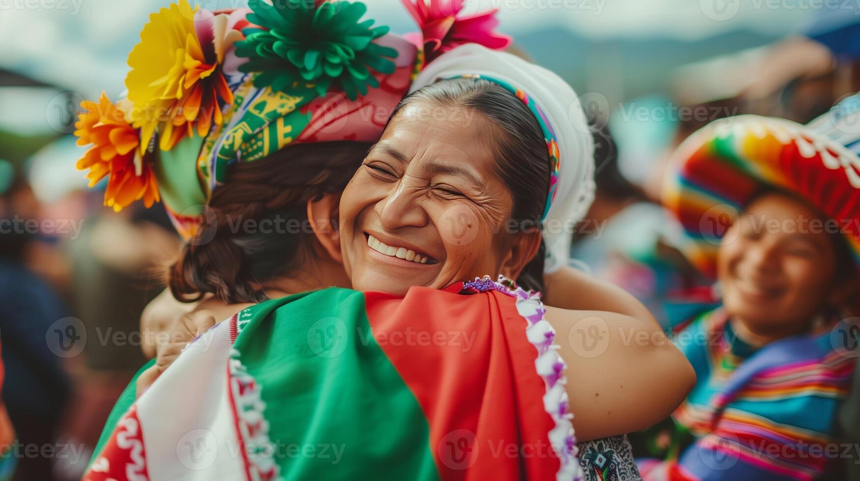 dos mexicano mujer abrazando con sonrisas entre un festivo multitud a un evento foto