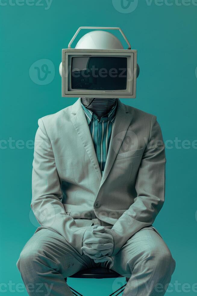 A man in a suit with a television for a head sits in a chair against a blue background. photo