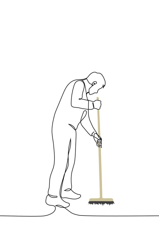 man sweeps with mop - one line drawing . concept janitor, cleaning company worker or householder cleaning vector