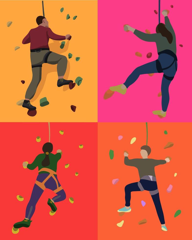 Illustration of a set of people on a climbing wall. vector
