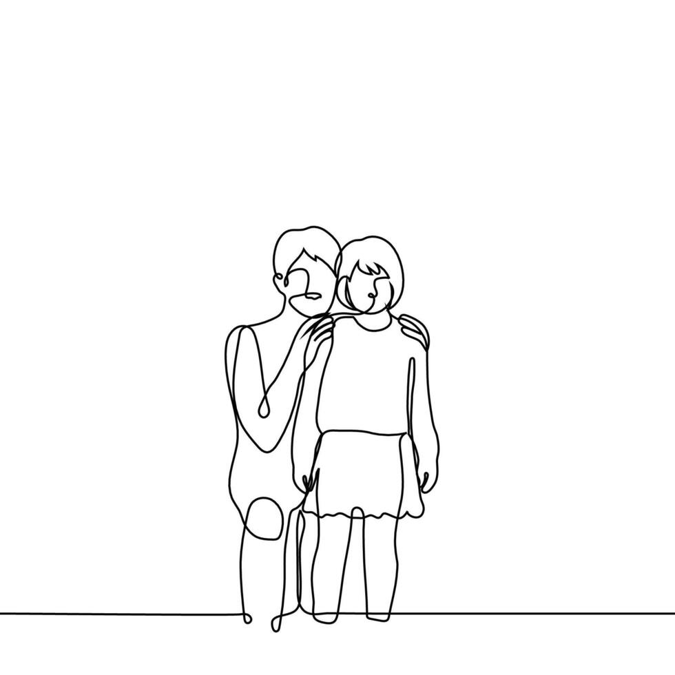 adult man sat down next to the little girl and both look in the same direction - one line drawing . concept inspire, motivate, educate, instruct children vector