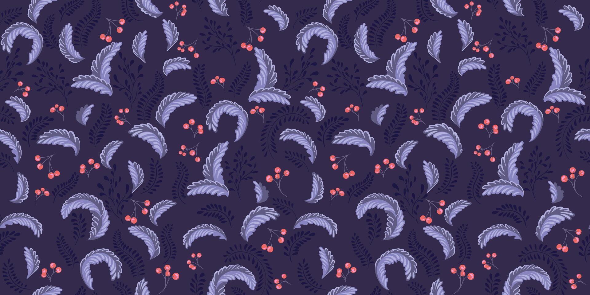 creativo, artístico pequeño monograma hojas y minúsculo ramas bayas dispersado al azar en un sin costura modelo. monocromo Violeta, oscuro impresión. mano dibujado. modelo para diseño, tela, textil vector