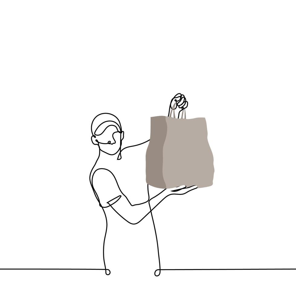 man in a cap stands holding a huge bag and supporting it with his hand from below - one line drawing . concept courier delivers the order vector